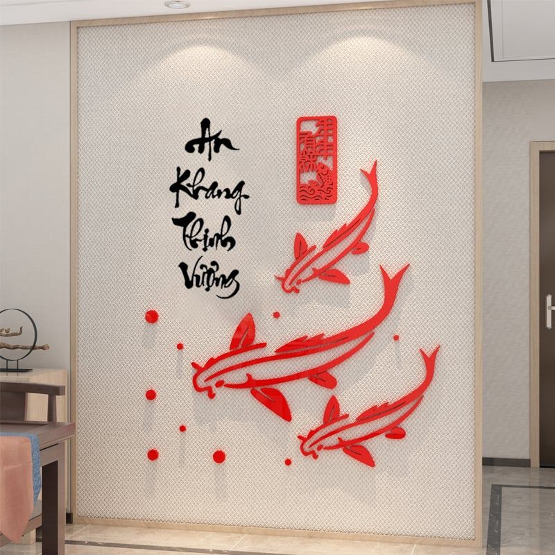 Tranh mica 3d dán tường mẫu tranh cá chép chúc phúc, trang trí phòng khách, phòng bếp