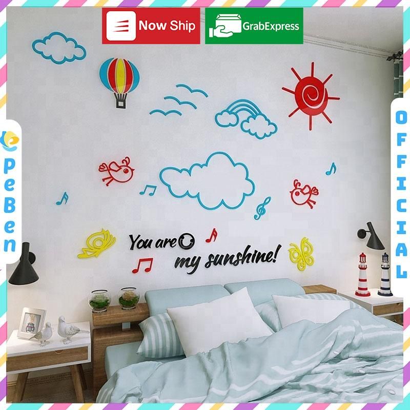 Tranh mica EPeBen dán tường nổi 3d hình bầu trời trong xanh và mây trắng decor trang trí mầm non, phòng bé