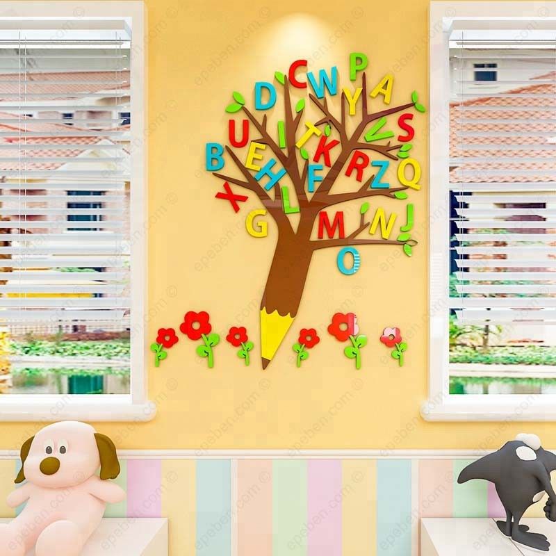 Tranh mica EPeBen dán tường nổi 3d hình cây chữ cái tiếng anh decor trang trí mầm non, phòng cho bé