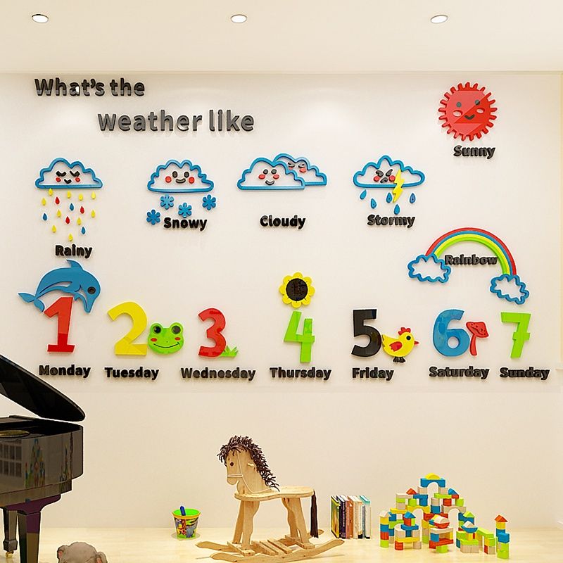 Tranh mica EPeBen dán tường nổi 3d hình các kiểu thời tiết và số đếm decor trang trí mầm non, phòng cho bé