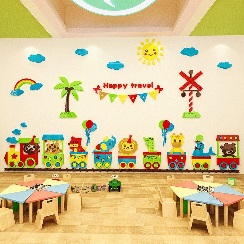 Tranh mica EPeBen dán tường nổi 3d hình Phim hoạt hình tàu hỏa động vật decor trang trí nhà trẻ, phòng cho bé