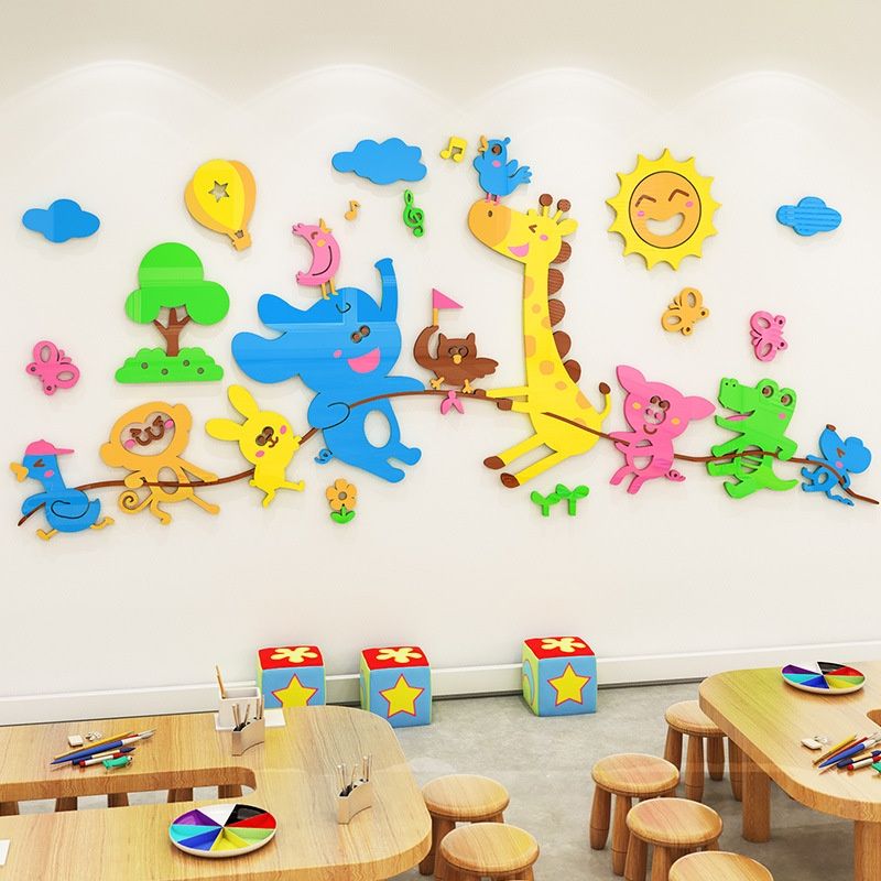 Tranh mica EPeBen dán tường nổi 3d hình Muông thú kéo co decor trang trí nhà trẻ, phòng cho bé