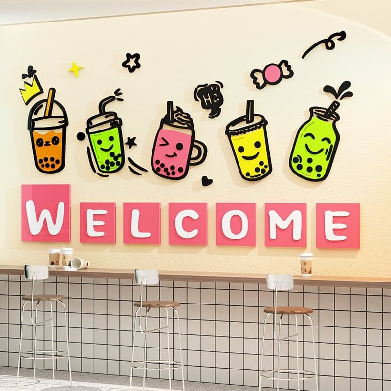 Tranh Mica 3d Dán Tường Welcome Enjoy The Good Time Trang Trí Quán Trà Sữa, Cafe, Trà Chanh