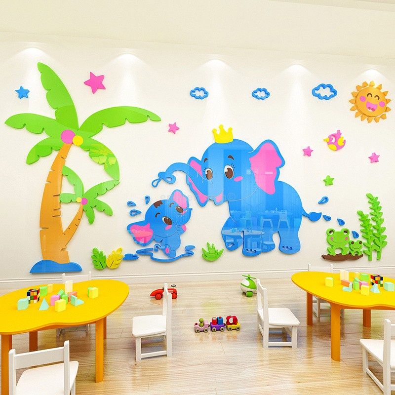 Tranh mica EPeBen dán tường nổi 3d hình những chú voi trong rừng decor trang trí mầm non, phòng cho bé