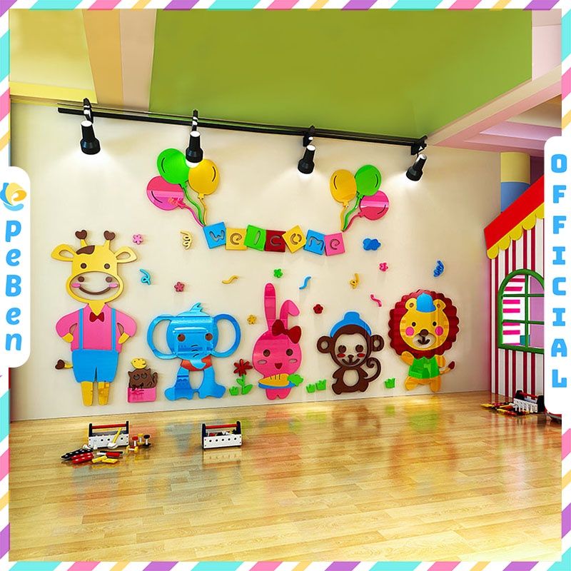 Tranh mica EPeBen dán tường nổi 3d hình welcome động vật decor trang trí góc học tập mầm non