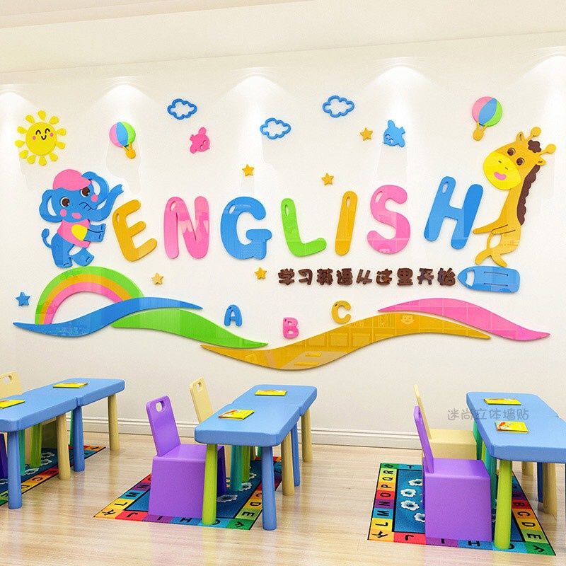 Tranh dán tường trung tấm tiếng anh, tranh mica 3d english, trang trí mầm non, trang trí khu vui chơi trẻ em