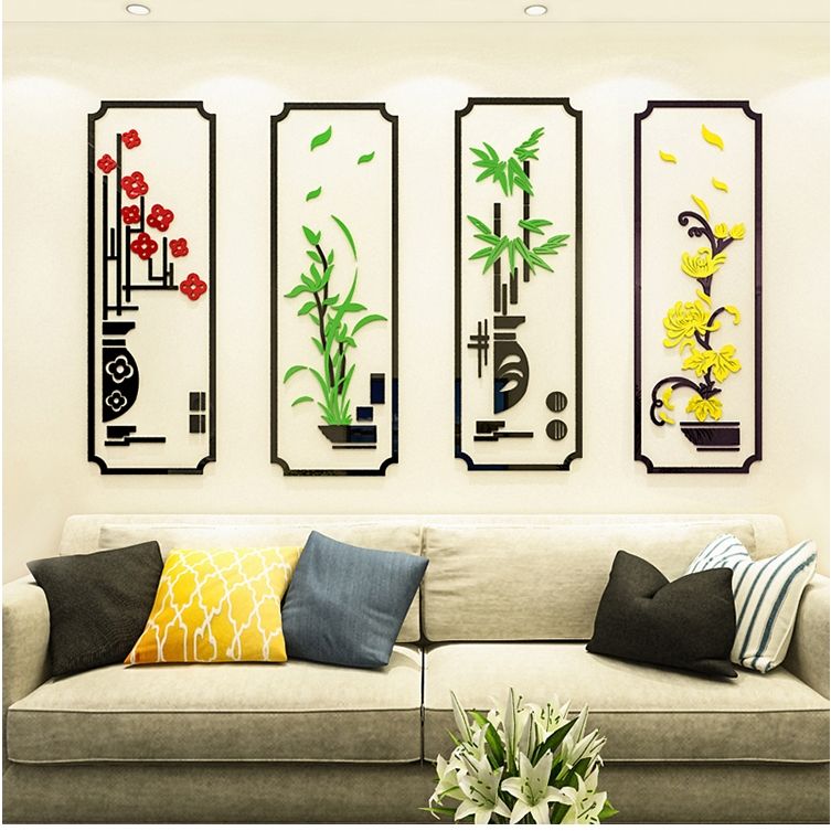 Tranh mica 3d dán tường mẫu tranh Hoa Đào Hoa Cúc Hoa Trúc Hoa Phong Lan, trang trí phòng khách, phòng bếp