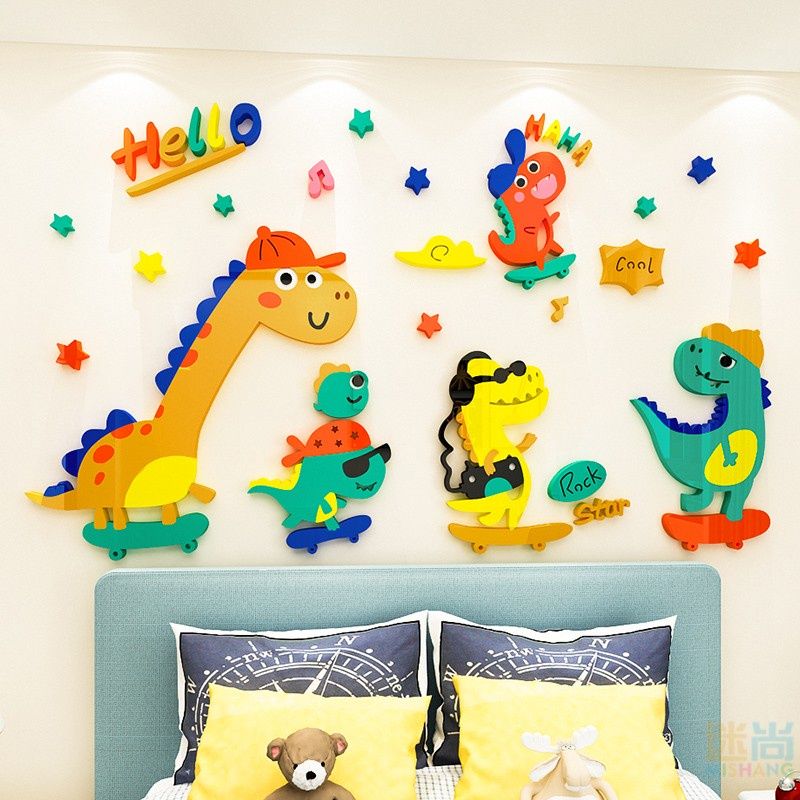 Tranh mica EPeBen dán tường nổi 3d hình những chú Khủng long tinh nghịch decor trang trí phòng cho bé, Trường mầm non