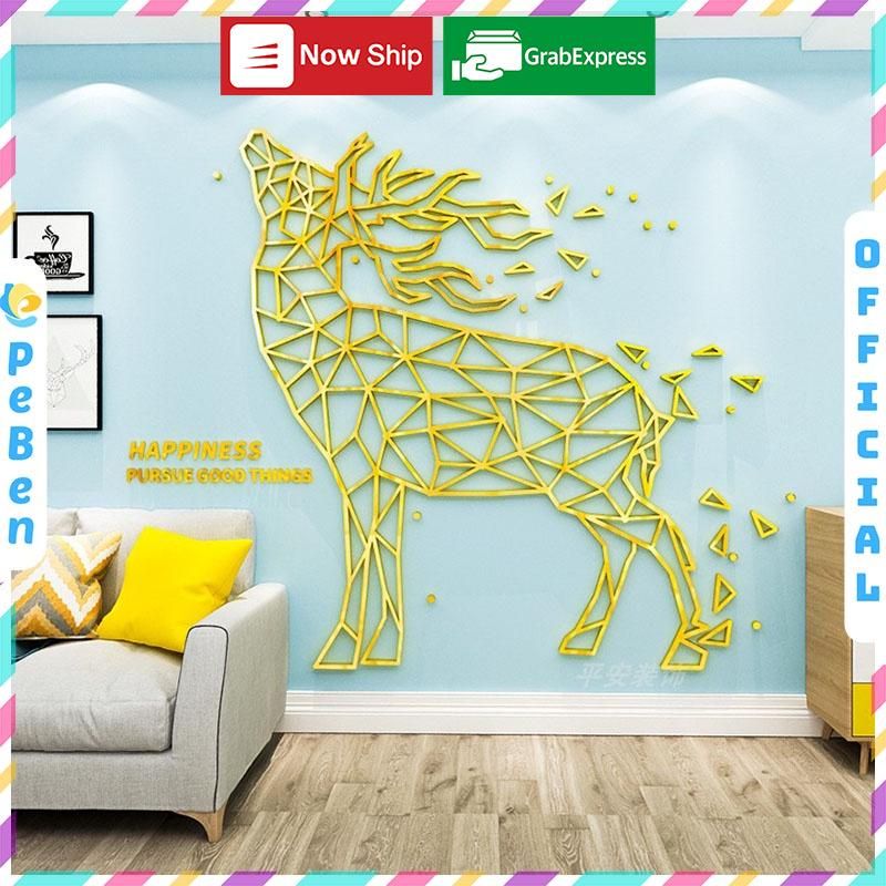 Tranh mica EPeBen dán tường nổi 3d hình con vật nghệ thuật hình khối polygon hươu ngựa chim cá Trang trí phòng khách