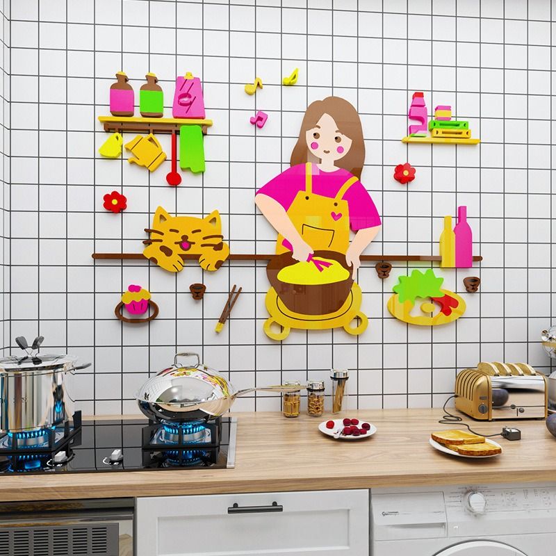 Tranh mica EPeBen dán tường nổi 3d Hình cô gái nấu ăn decor trang trí Phòng bếp, Phòng ăn, Cửa hàng, Phòng cho bé