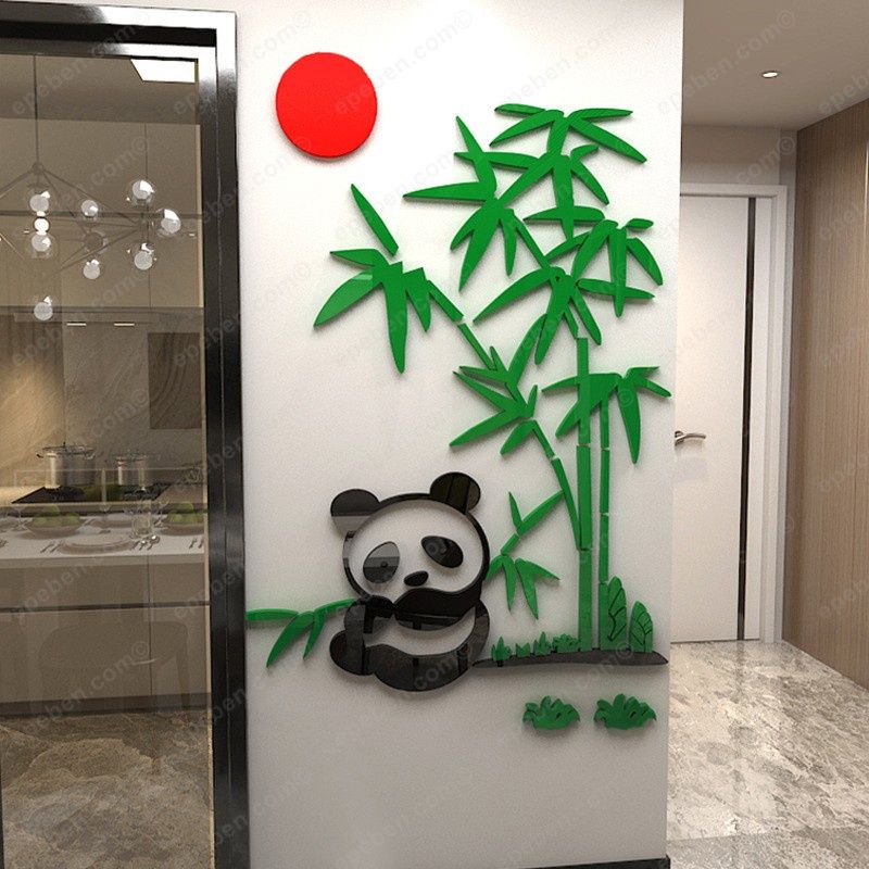 Tranh mica EPeBen dán tường nổi 3d hình gấu trúc ngồi khóm trúc decor trang trí quán ăn nhà hàng, phòng ngủ
