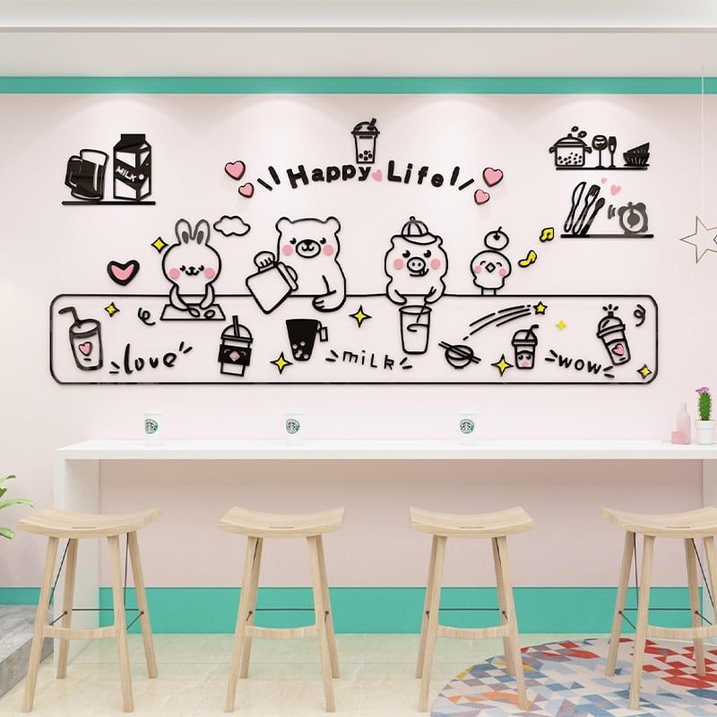 Tranh mica 3d dán tường các mẫu tranh cô gái, gấu cute trang trí quán trà sữa, trà chanh