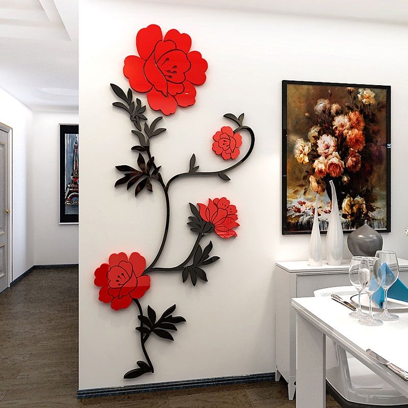 Tranh dán tường mica 3d decor khổ lớn khóm hồng nở rộ trang trí phòng khách, phòng ngủ, phòng cưới