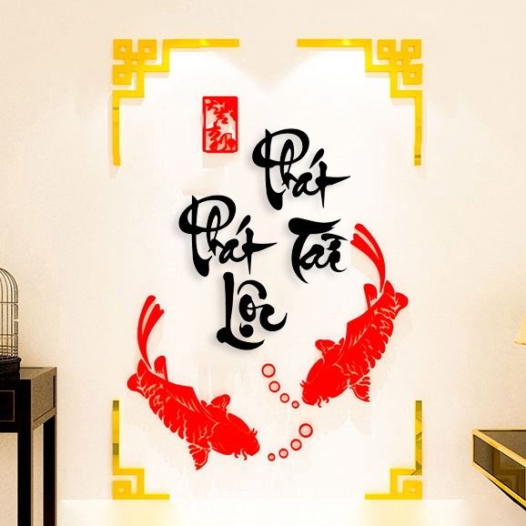 Tranh mica 3d dán tường mẫu tranh cá chép chúc phúc, trang trí phòng khách, phòng bếp