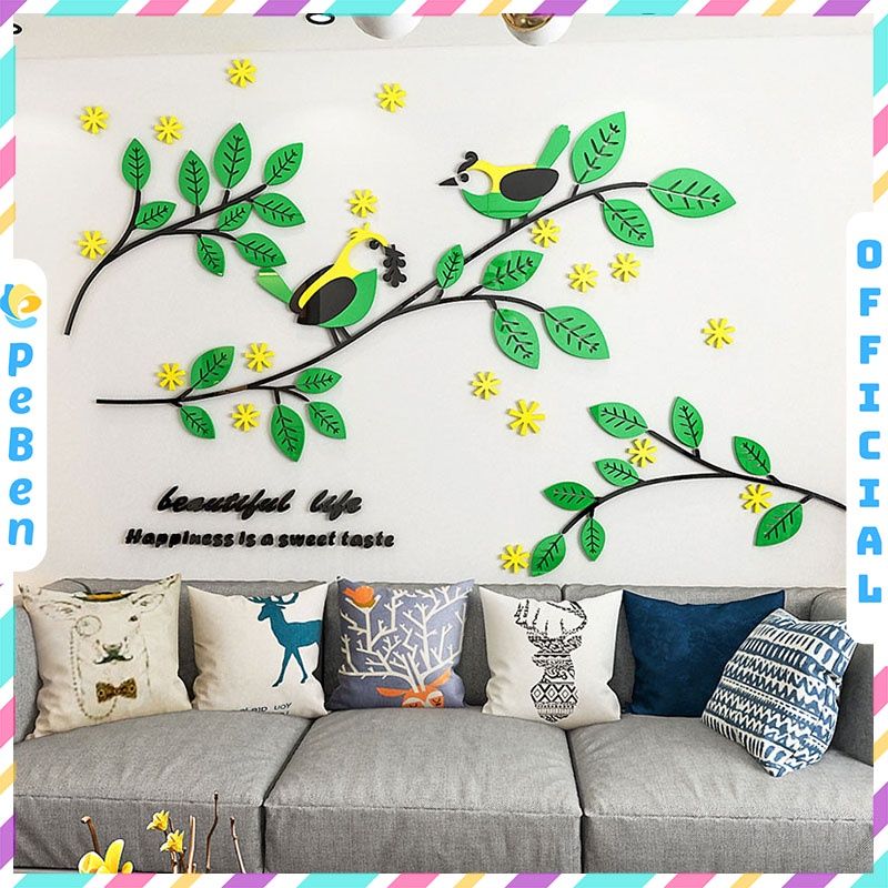 Tranh mica EPeBen dán tường nổi 3d hình beautiful cây lá chim xanh decor trang trí phòng khách, phòng ngủ