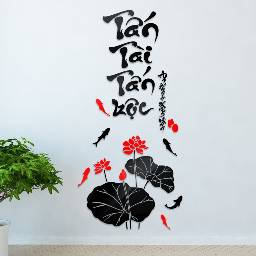 Tranh mica 3d dán tường mẫu tranh hoa đào hoa sen Vạn Sự Như Ý Tấn Tài Tấn Lộc, trang trí phòng khách, phòng bếp