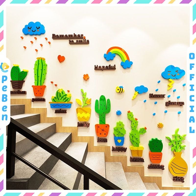 Tranh dán tường mica 3d decor Những cây xương rồng đáng yêu Trang trí nhà trẻ, cầu thang, phòng cho bé, Chân Tường