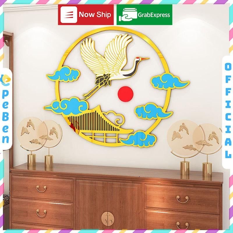 Tranh mica EPeBen dán tường nổi 3d hình Linh vật hạc hươu nghệ thuật decor trang trí phòng khách, cửa hàng