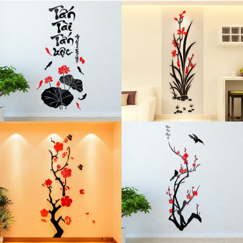 Tranh mica 3d dán tường mẫu tranh hoa đào hoa sen Vạn Sự Như Ý Tấn Tài Tấn Lộc, trang trí phòng khách, phòng bếp