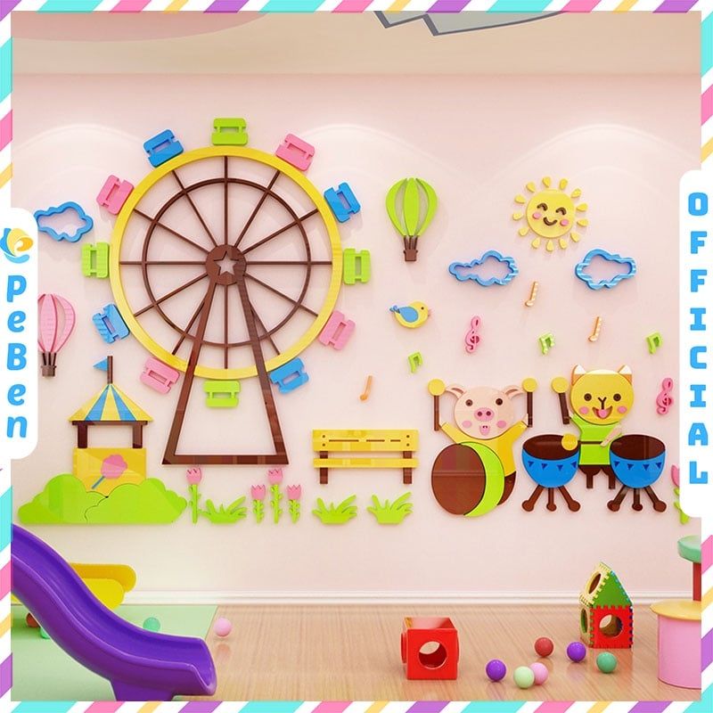 Tranh mica EPeBen dán tường nổi 3d hình vòng xoay tròn khu vui chơi decor trang trí mầm non, phòng cho bé