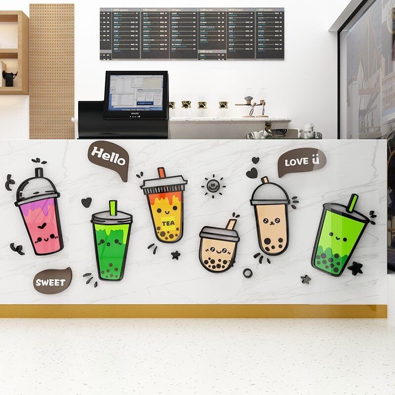 Tranh mica EPeBen dán tường nổi 3d hình Quán trà sữa vui nhộn decor trang trí quán trà sữa, quán ăn, nhà hàng