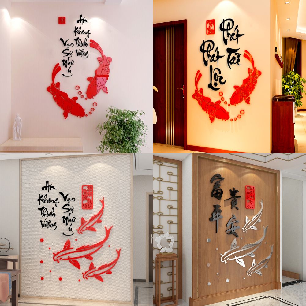 Tranh mica 3d dán tường mẫu tranh cá chép chúc phúc, trang trí phòng khách, phòng bếp