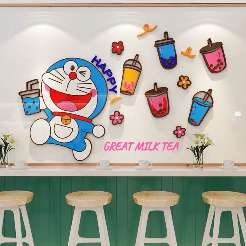 Tranh mica EPeBen dán tường nổi 3d hình Quán trà sữa vui nhộn decor trang trí quán trà sữa, quán ăn, nhà hàng