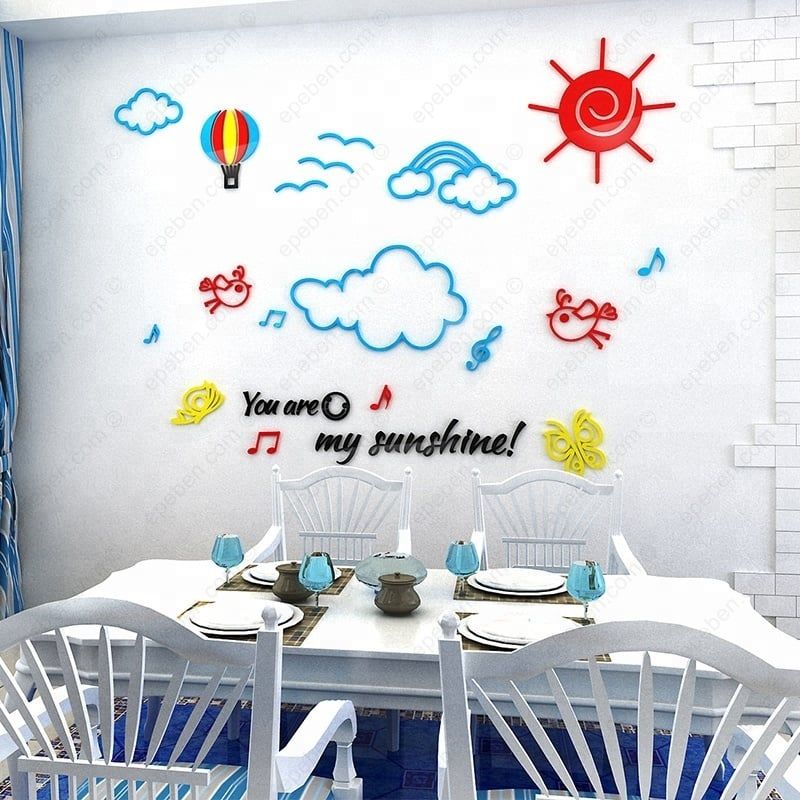 Tranh mica EPeBen dán tường nổi 3d hình bầu trời trong xanh và mây trắng decor trang trí mầm non, phòng bé
