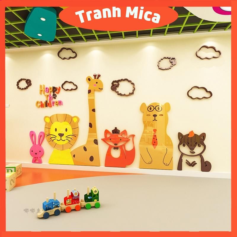 Tranh mica 3d dán tường mẫu tranh những con vật vui vẻ, trang trí mầm non, mẫu giáo, khu vui chơi