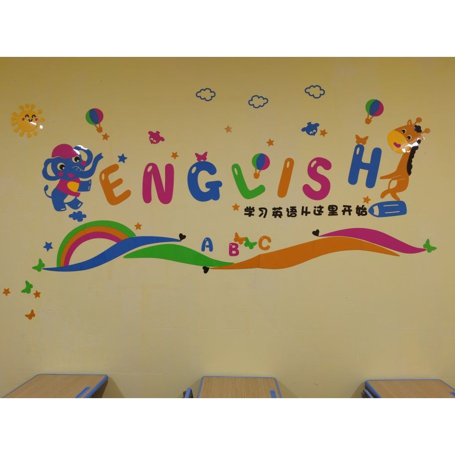 Tranh dán tường trung tấm tiếng anh, tranh mica 3d english, trang trí mầm non, trang trí khu vui chơi trẻ em