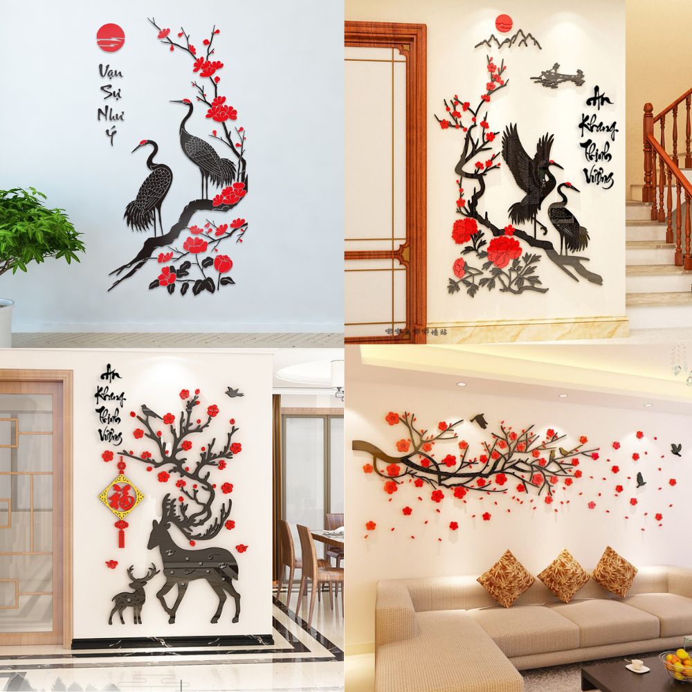 Tranh mica 3d dán tường mẫu tranh Cành Đào Chim Hạc Hươu Sao, trang trí phòng khách, phòng bếp