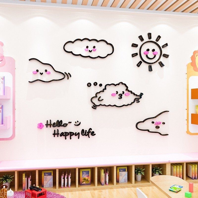 Tranh mica EPeBen dán tường nổi 3d hình Mây và mặt trời decor trang trí phòng cho bé, nhà trẻ, cửa hàng
