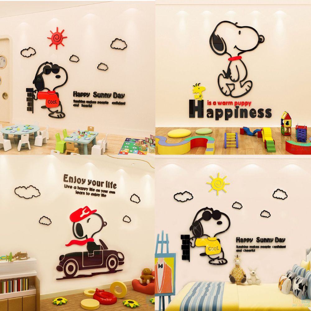 Tranh Mica 3d Dán Tường Chú Chó Snoopy Trang Trí Mầm Non, Mẫu Giáo