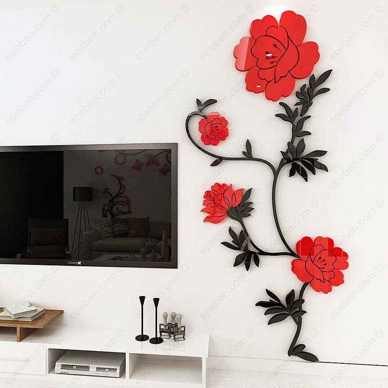 Tranh dán tường mica 3d decor khổ lớn khóm hồng nở rộ trang trí phòng khách, phòng ngủ, phòng cưới