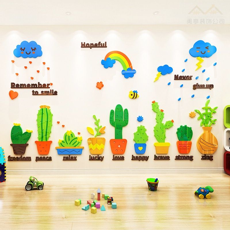 Tranh dán tường mica 3d decor Những cây xương rồng đáng yêu Trang trí nhà trẻ, cầu thang, phòng cho bé, Chân Tường