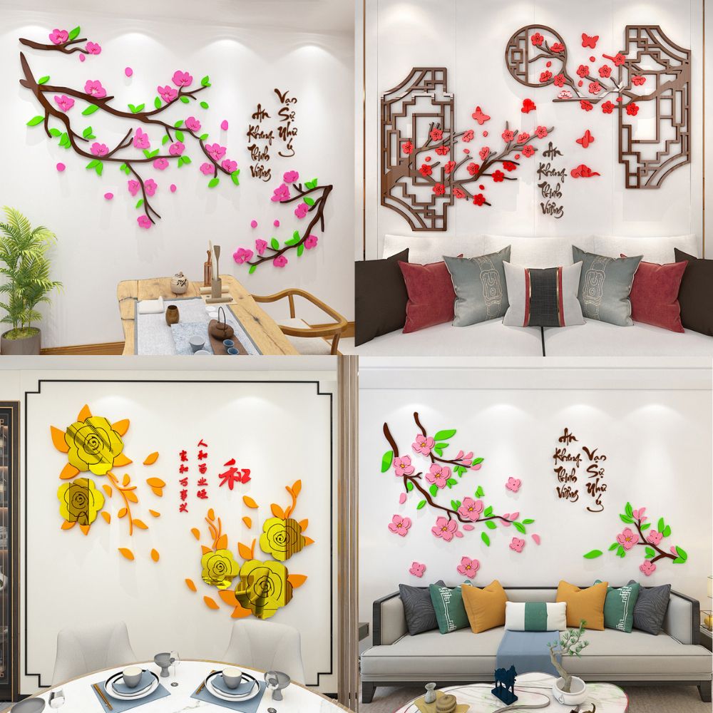 Tranh mica 3d dán tường mẫu tranh Cành Đào Mừng Xuân An Khang Thịnh Vượng, trang trí phòng khách, phòng bếp
