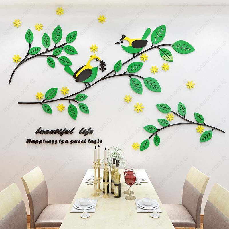 Tranh mica EPeBen dán tường nổi 3d hình beautiful cây lá chim xanh decor trang trí phòng khách, phòng ngủ