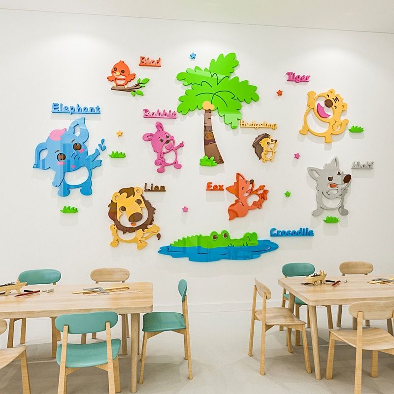 Tranh mica EPeBen dán tường nổi 3d hình Học tên các con vật decor trang trí nhà trẻ, phòng cho bé, Tiếng Anh