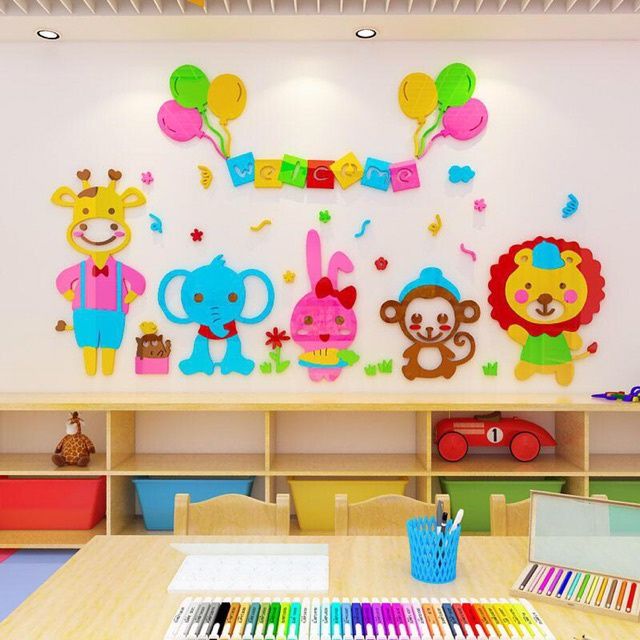 Tranh mica EPeBen dán tường nổi 3d hình welcome Bách thú decor trang trí phòng cho bé, Trường mầm non