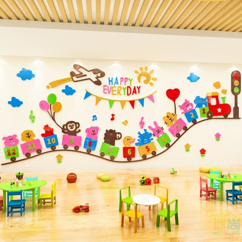 Tranh mica EPeBen dán tường nổi 3d hình Đoàn tàu muông thú decor trang trí nhà trẻ, trường mầm non