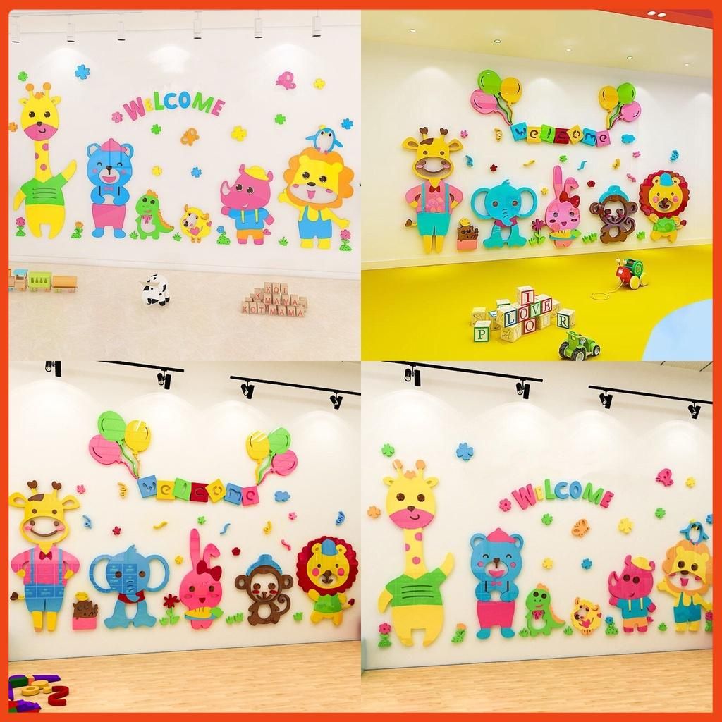 Tranh mica EPeBen dán tường nổi 3d hình welcome Bách thú decor trang trí phòng cho bé, Trường mầm non