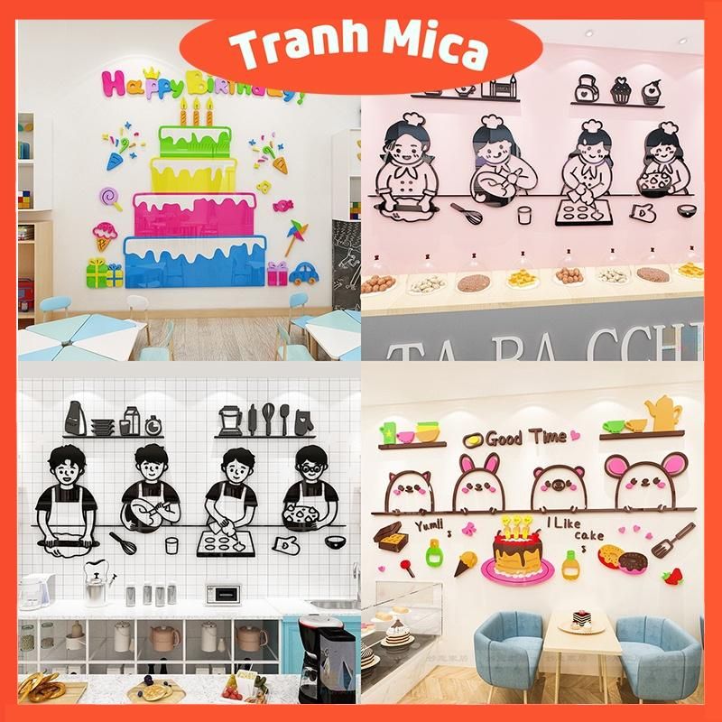 Tranh mica 3d dán tường các mẫu tranh làm bánh kem sinh nhật, trang trí quán bánh, phòng cho bé