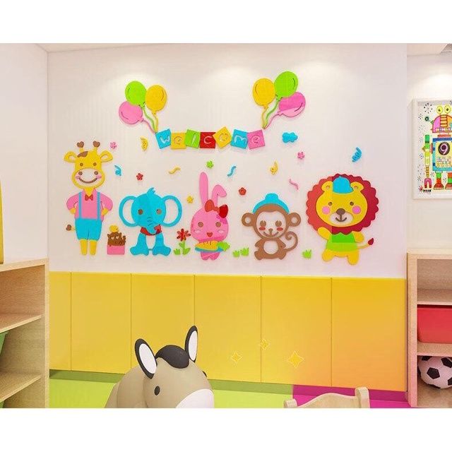 Tranh mica EPeBen dán tường nổi 3d hình welcome Bách thú decor trang trí phòng cho bé, Trường mầm non