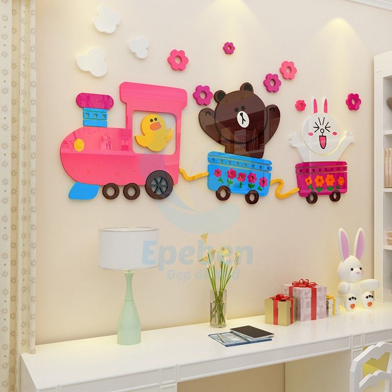 Tranh mica EPeBen dán tường nổi 3d hình tàu hỏa gấu nâu thỏ trắng vịt con decor trang trí mầm non phòng trẻ