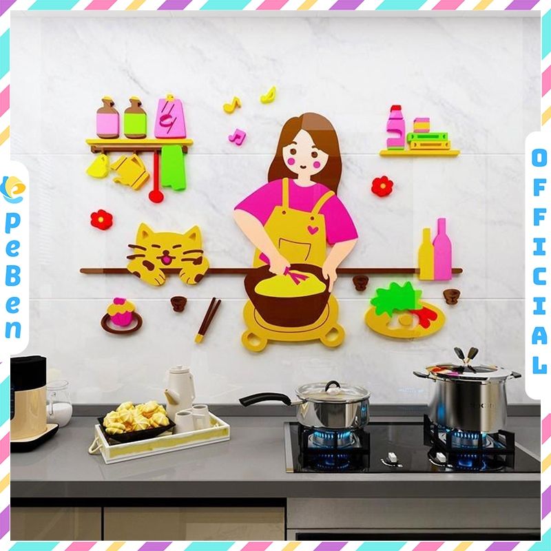 Tranh mica EPeBen dán tường nổi 3d Hình cô gái nấu ăn decor trang trí Phòng bếp, Phòng ăn, Cửa hàng, Phòng cho bé