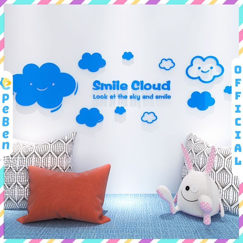 Tranh dán tường mica 3d decor khổ lớn đám mây hoạt hình dễ thương smile cloud