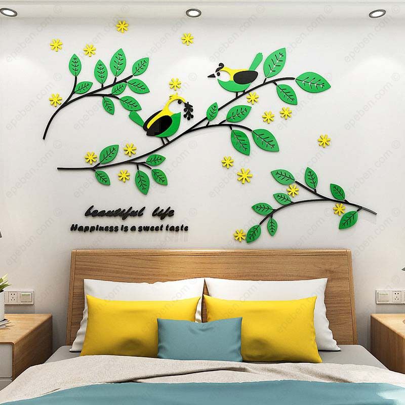 Tranh mica EPeBen dán tường nổi 3d hình beautiful cây lá chim xanh decor trang trí phòng khách, phòng ngủ