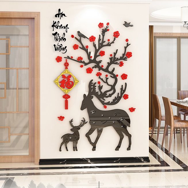 Tranh mica 3d dán tường mẫu tranh Cành Đào Chim Hạc Hươu Sao, trang trí phòng khách, phòng bếp