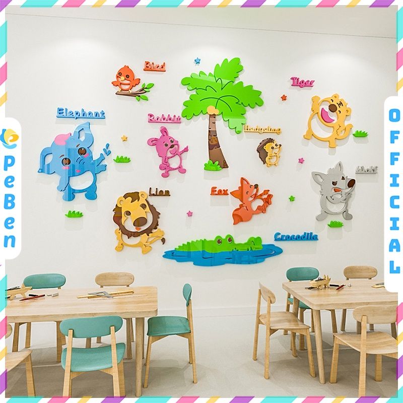 Tranh mica EPeBen dán tường nổi 3d hình Học tên các con vật decor trang trí nhà trẻ, phòng cho bé, Tiếng Anh