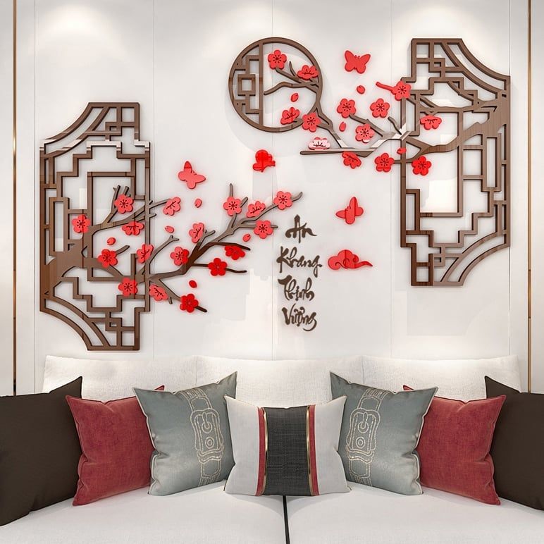 Tranh mica 3d dán tường mẫu tranh Cành Đào Mừng Xuân An Khang Thịnh Vượng, trang trí phòng khách, phòng bếp